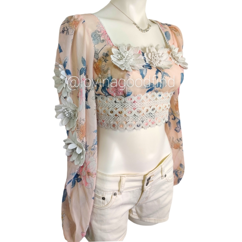 Banjul Floral Lace Crop Zip Up Puff Sleeve Blouse EUC sz L
